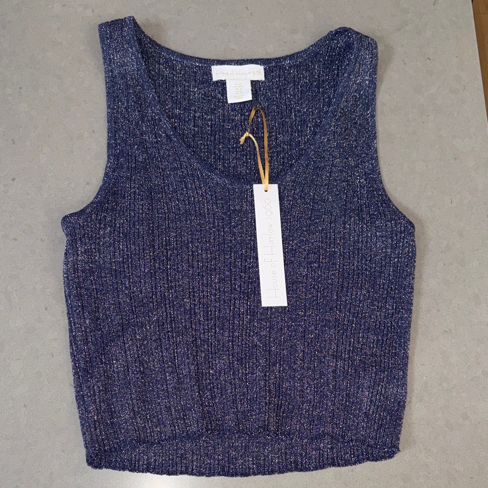 NWT House of Harlow 1960 Navy shimmer Knit Crop Top Medium